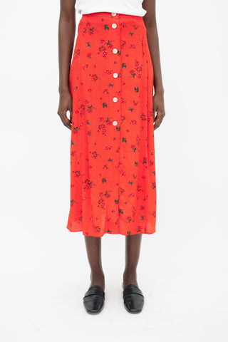 Aritzia Red Printed Floral Button Skirt