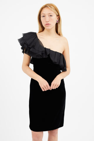 Armani Black Velvet Ruffle One Shoulder Dress