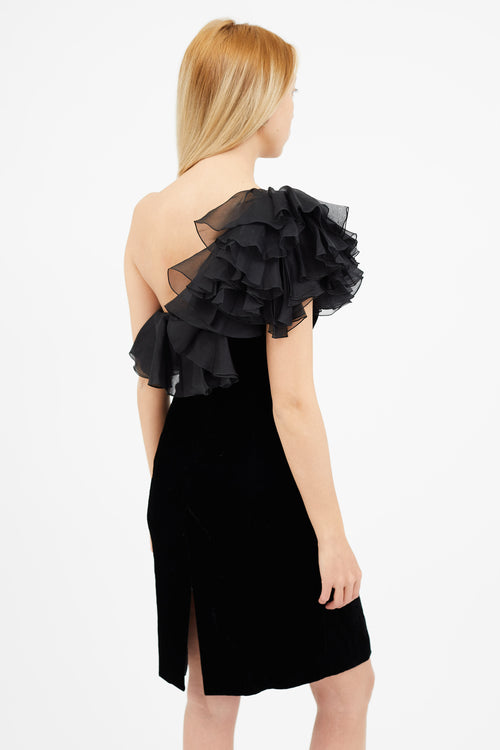 Armani Black Velvet Ruffle One Shoulder Dress