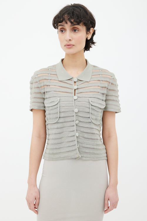 Armani Greige Semi Sheer Striped Knit Shirt