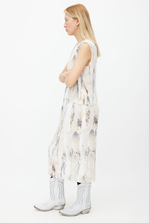 Aritzia Cream & Multi Print Pleated Top & Skirt Set
