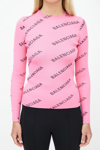 Balenciaga Pink Ribbed Knit Logo Sweater