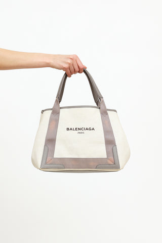 Balenciaga Grey & Cream Canvas Small Cabas Tote Bag