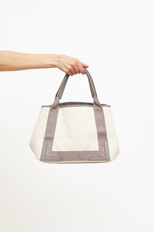 Balenciaga Grey & Cream Canvas Small Cabas Tote Bag