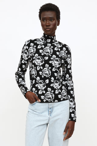 2019 Black & White Floral Knit Turtleneck