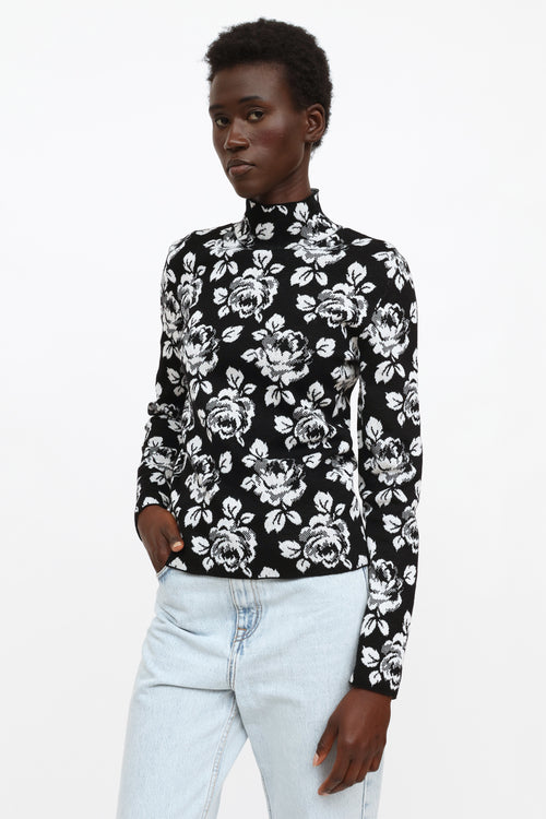 2019 Black & White Floral Knit Turtleneck