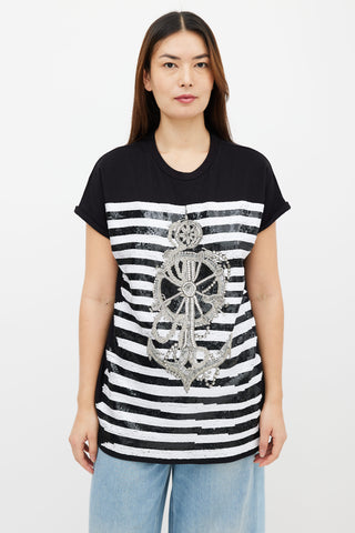 Balmain Black Cotton & Sequin Stripes Anchor Rhinestone T-Shirt