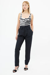 Balmain Black & White Stripe Logo Bodysuit