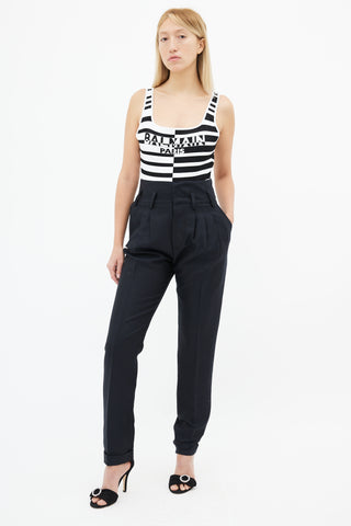 Balmain Black & White Stripe Logo Bodysuit
