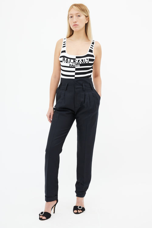 Balmain Black & White Stripe Logo Bodysuit
