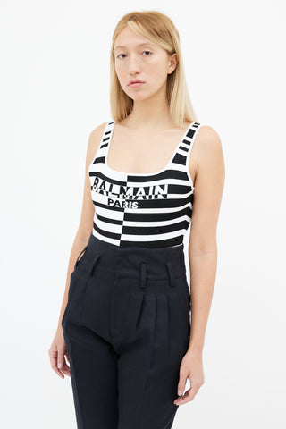 Balmain Black & White Stripe Logo Bodysuit
