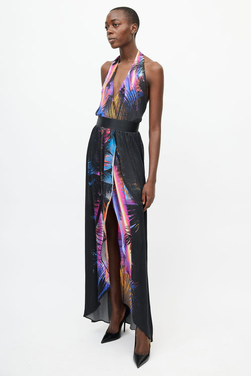 Balmain Black & Mutlicolour Floral Print Halter Dress