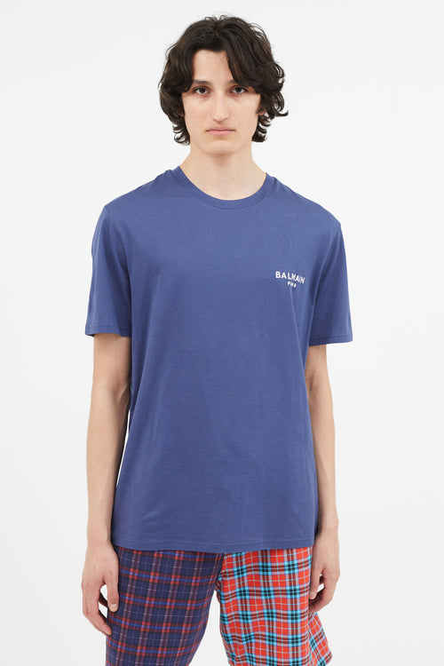 Balmain Blue & White Embroidery Logo T-Shirt