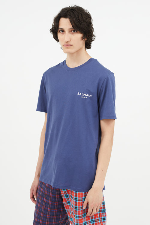 Balmain Blue & White Embroidery Logo T-Shirt