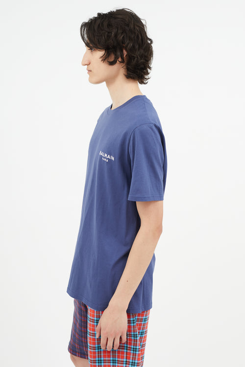 Balmain Blue & White Embroidery Logo T-Shirt