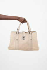 Beige Intrecciato leather-trim canvas tote bag