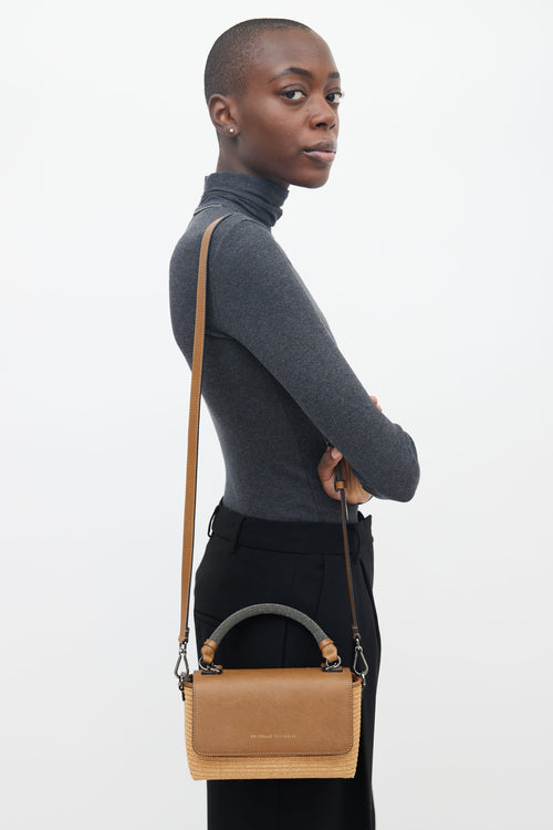 Brunello Cucinelli Brown Leather & Raffia Mini City Shoulder Bag
