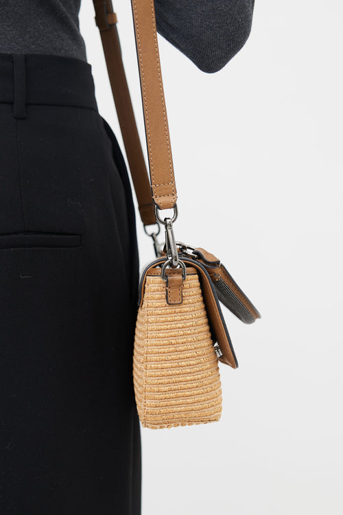 Brunello Cucinelli Brown Leather & Raffia Mini City Shoulder Bag