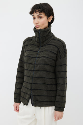 Brunello Cucinelli Green & Black Cashmere Stripe Zip Up Sweater