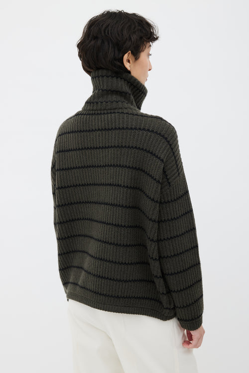 Brunello Cucinelli Green & Black Cashmere Stripe Zip Up Sweater