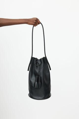 Building Block Black Leather Tassel Bucket Bag