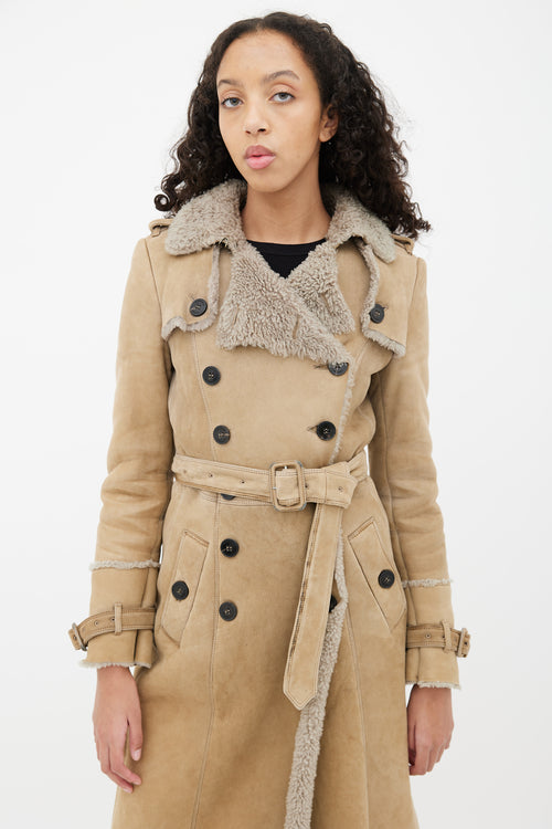 Burberry Beige Leather Shearling Lined Trench Coat
