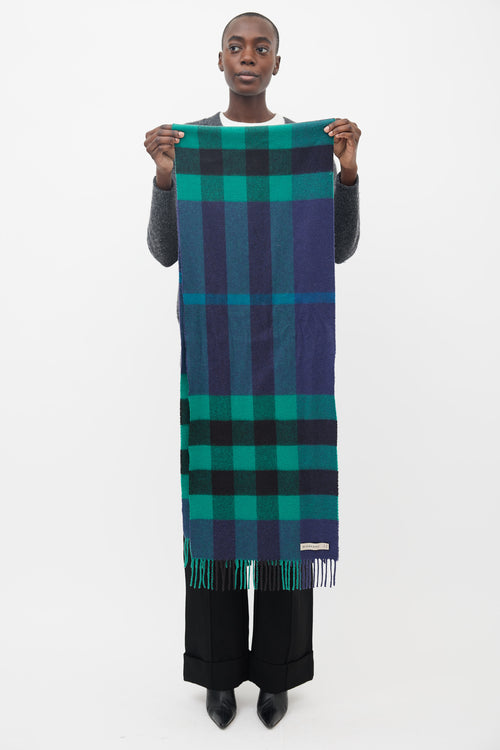 Burberry Green & Navy Cashmere Check Scarf