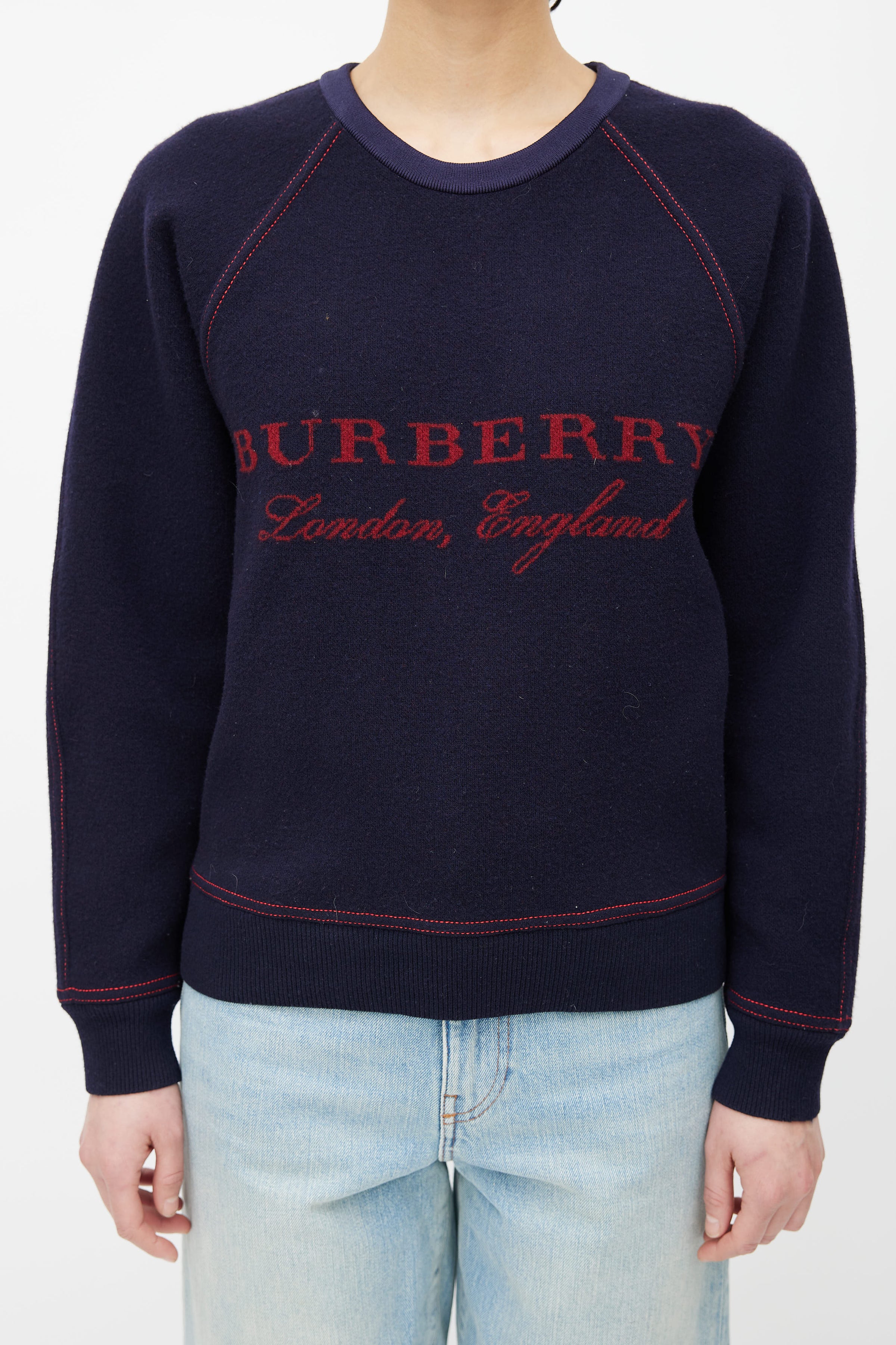 Burberry // Navy Wool Cashmere Red Logo Knit Sweater – VSP