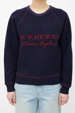 Burberry Navy Wool & Cashmere Red Logo Knit Sweater