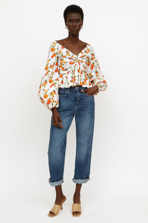 Caroline Constas White Floral Ruched Top