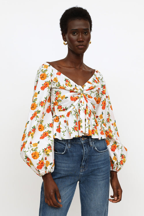 Caroline Constas White Floral Ruched Top