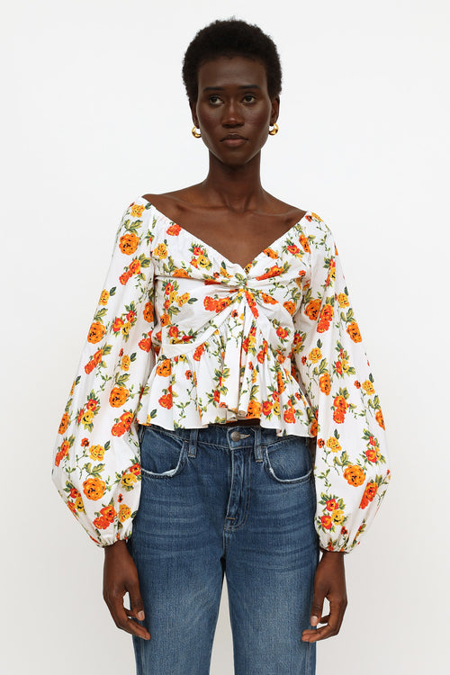 Caroline Constas White Floral Ruched Top