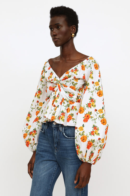 Caroline Constas White Floral Ruched Top