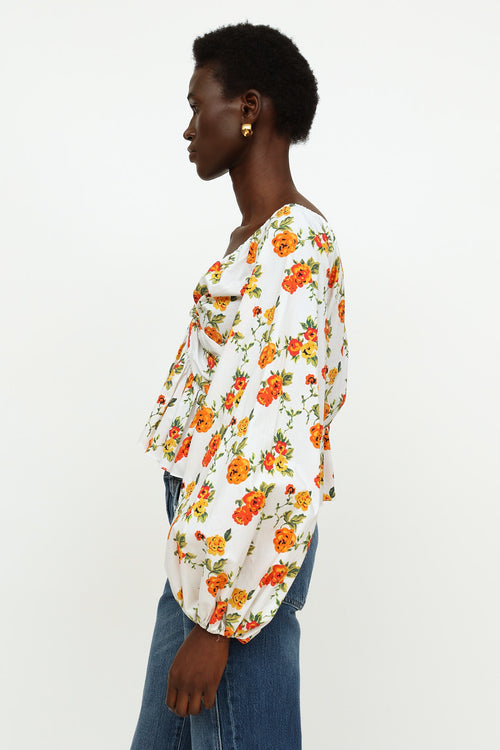 Caroline Constas White Floral Ruched Top