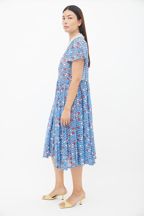 Carven Blue & White Pleated Patterned Dress