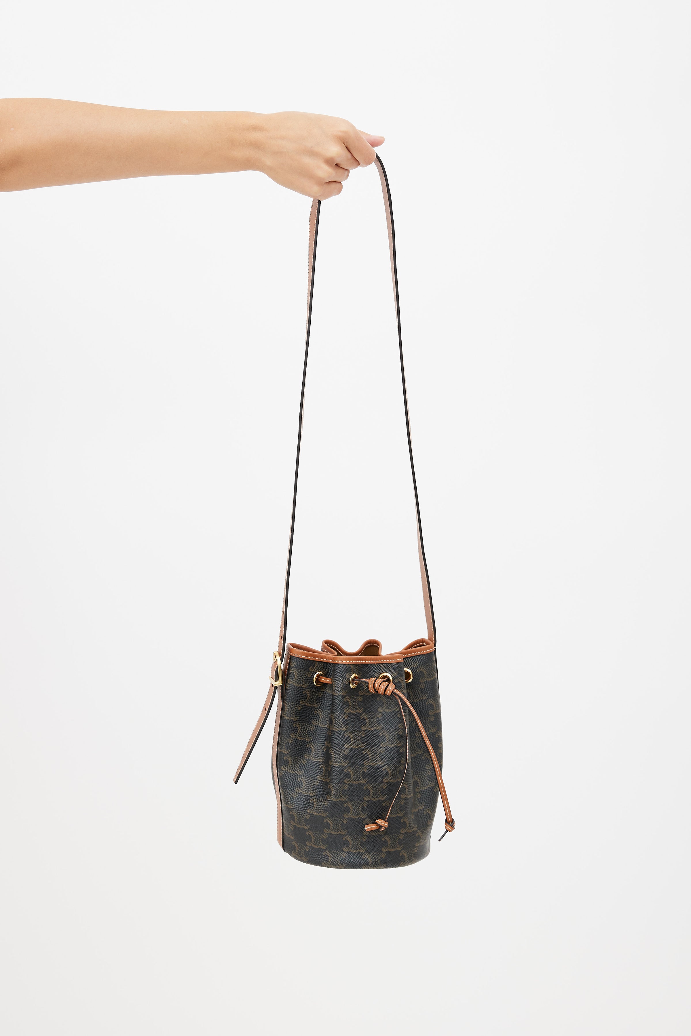 Celine Triomphe Small Canvas & Leather Bucket Bag in Brown