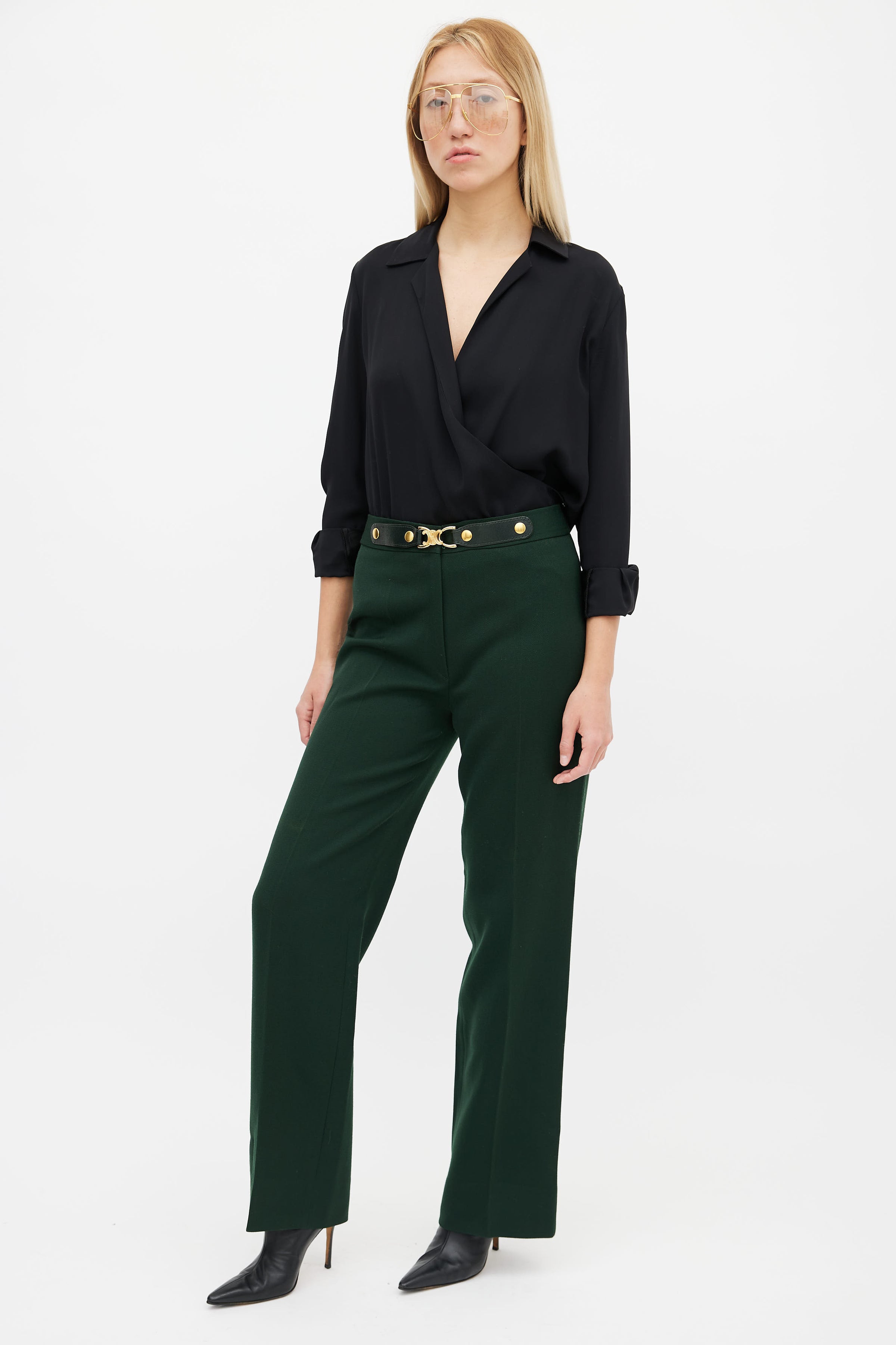 Celine // Vintage Green & Gold Triomphe Belted Trouser – VSP Consignment