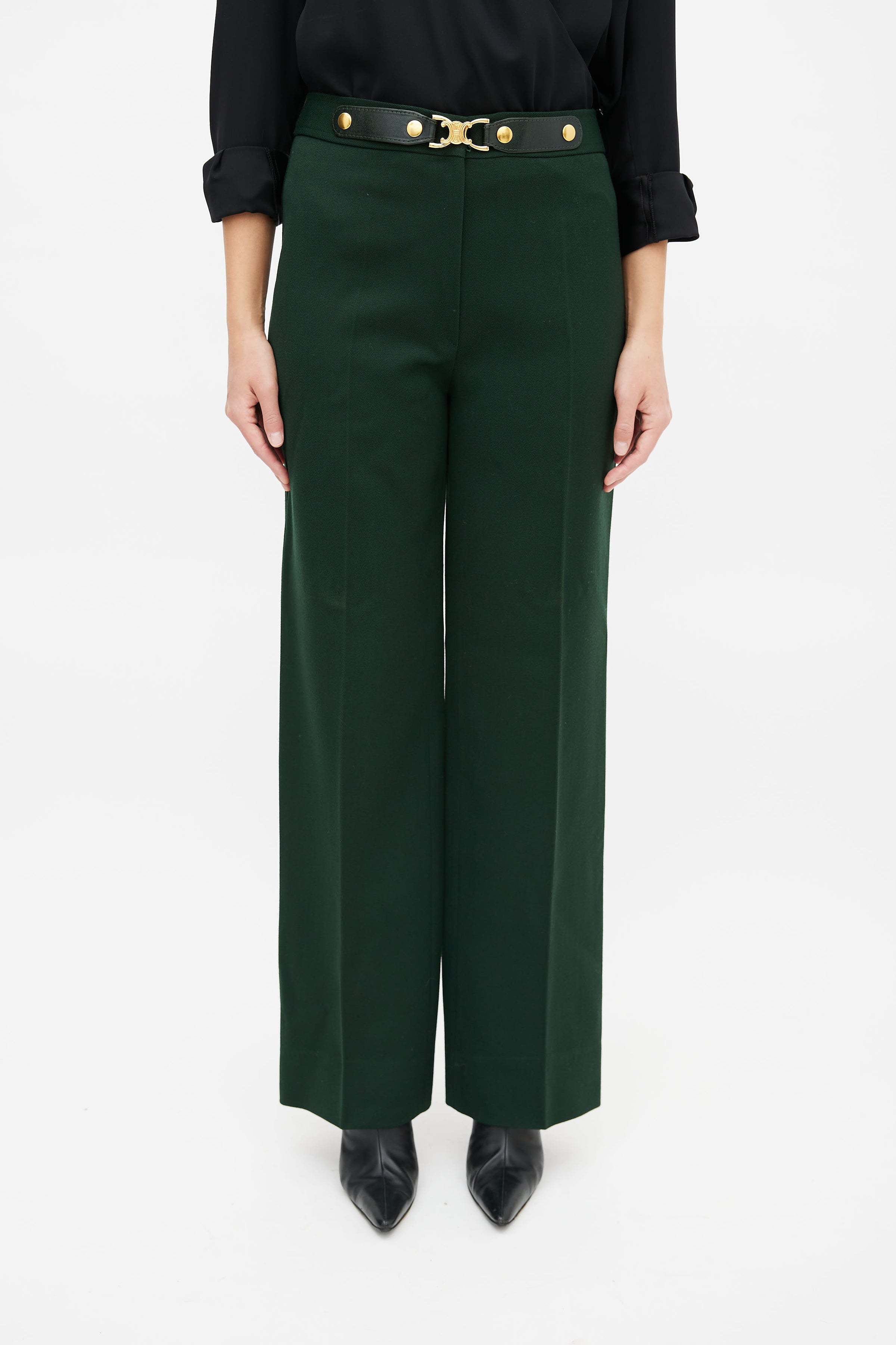 Celine // Vintage Green & Gold Triomphe Belted Trouser – VSP Consignment
