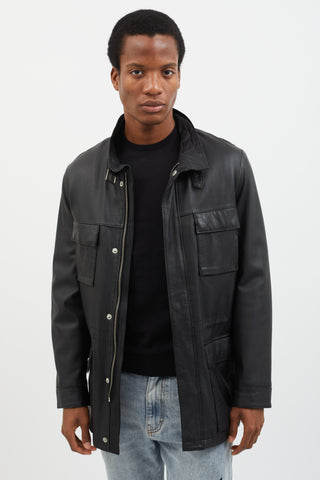 Cerruti Black Leather Grommet Collar Coat