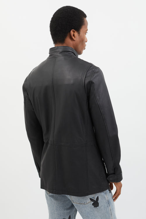 Cerruti Black Leather Grommet Collar Coat