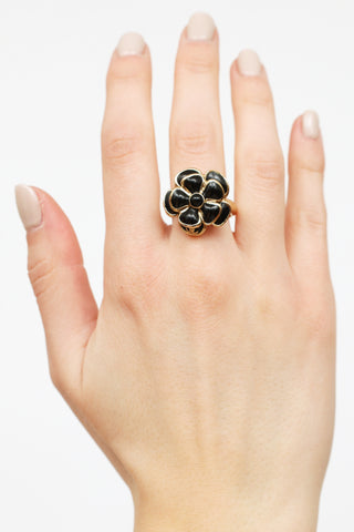 Chanel 09P Gold & Black Enamel Camellia Ring