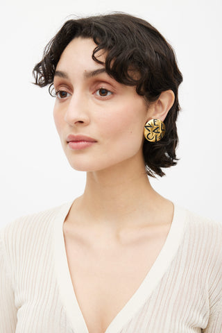 Chanel 1980s Gold-Tone & Black Letter Engraving Clip-On Earring