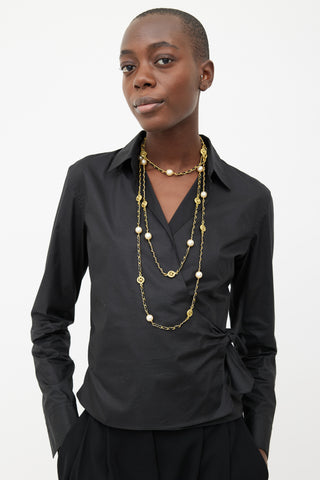 Chanel 1996 Black & Gold Tone Pearl Long Necklace