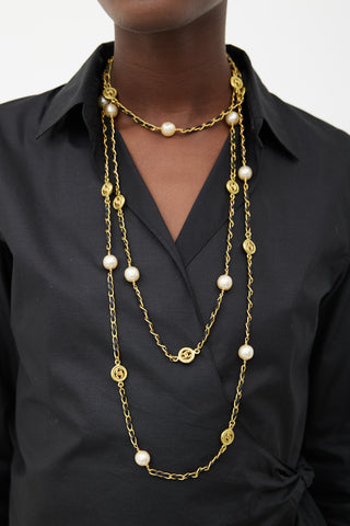 Chanel 1995 Black & Gold Tone Pearl Long Necklace