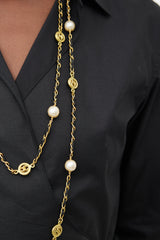 Chanel 1997 Black & Gold Tone Pearl Long Necklace