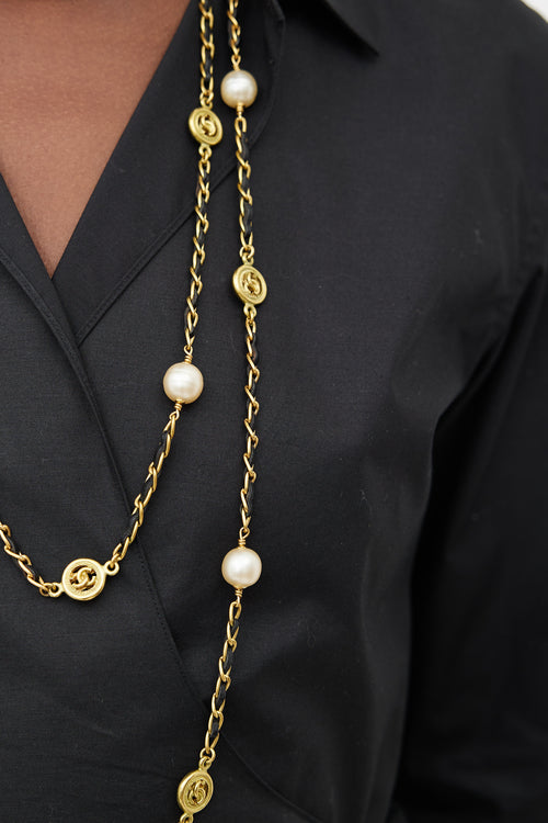 Chanel 1997 Black & Gold Tone Pearl Long Necklace