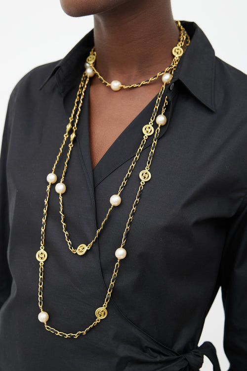 Chanel 1998 Black & Gold Tone Pearl Long Necklace