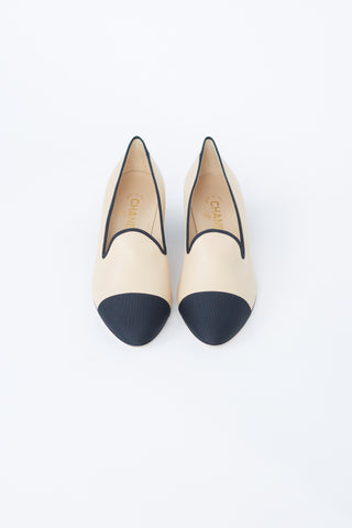 Chanel Beige & Black Leather Heeled Loafer