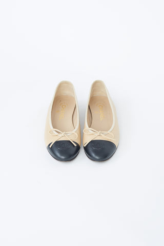Chanel Beige & Black Toe Cap Ballet Flat