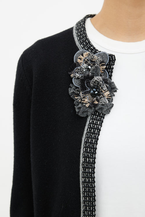 Chanel Black & Grey Floral Brooch Cardigan